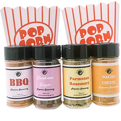 Popcorn Seasoning Variety 4 Pack | Cinnamon Sugar | Parmesan Rosemary | Nacho Cheese | Bbq | Six Popcorn Bags Included