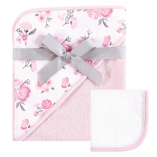 Hudson Baby Infant Girl Cotton Hooded Towel And Washcloth 2pc Set, Pink Floral, One Size