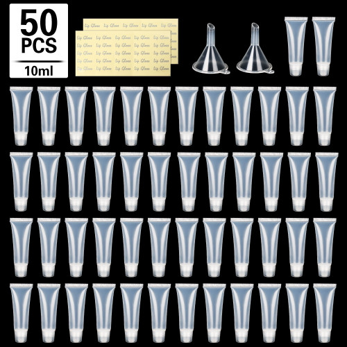 Lotfancy 50pcs 10ml Empty Lip Gloss Tubes With 2 Funnels, 50 Stickers
