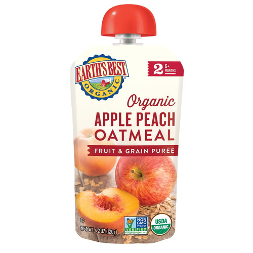 Earth's Best Organic Stage 2, Apple Peach Oatmeal Fruit And Grain Puree, 4.2 Ounce Pouch