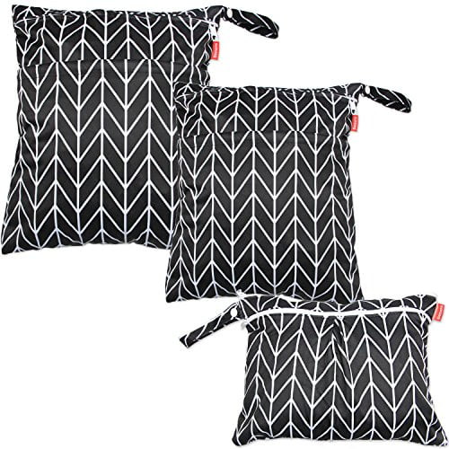 Damero 3pcs Travel Wet And Dry Bag With Handle For Cloth Diaper, Pumping Parts, Clothes, Swimsuit And More, Easy To Grab And Go, Black Arrows