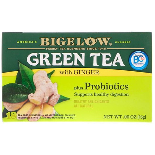 Bigelow Green Tea With Ginger Plus Probiotics, Tea Bags, 18 Count