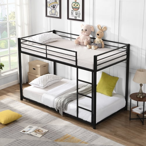 Full Over Full Metal Bunk Bed, Heavy Duty Low Bunk Bed With Safety Guard Rails And Ladder (black)