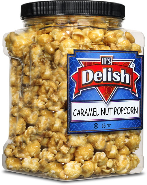 Gourmet Caramel Nut Popcorn With Peanuts By Its Delish, 16 Oz Jumbo Container  Caramel Air Popped Sweet Crunchy Glazed Carmel Corn With Nuts Snack, Movie Night, Parties - Gluten Free, Vegan, Kosher