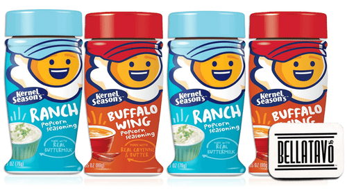 Popcorn Seasoning Kit Bundle. Includes Four Bottles Of Kernel Season's Popcorn Seasoning And A Bellatavo Recipe Card! Two Bottles Of Each Flavor: Buffalo Wings And Ranch Popcorn Seasoning