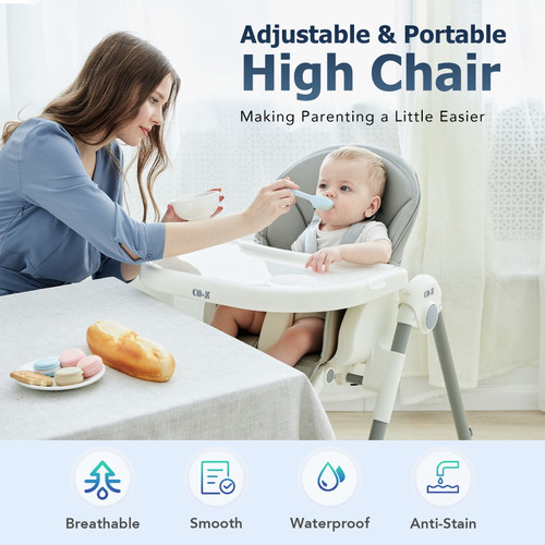 Adjusting Folding High Chair For Babies & Toddlers W Detachable Leather Cushion