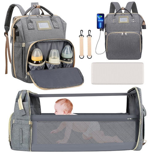 Diaper Bag Backpack, Multifunctional Baby Changing Bag With Foldable Crib & Insulated Milk Bottle Pocket, Large Capacity Travel Backpack With Usb Charging Port & Stroller Strap (grey)
