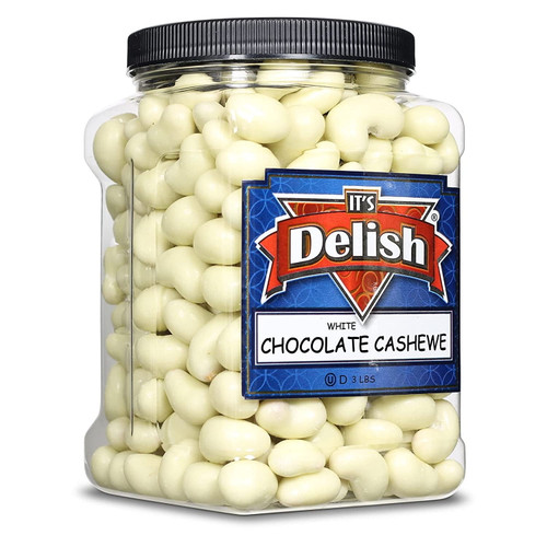 Gourmet White Chocolate Covered Cashews By Its Delish, 3 Lbs Jumbo Reusable Container  White Milk Chocolate Coated Cashew Nuts, Kosher Dairy