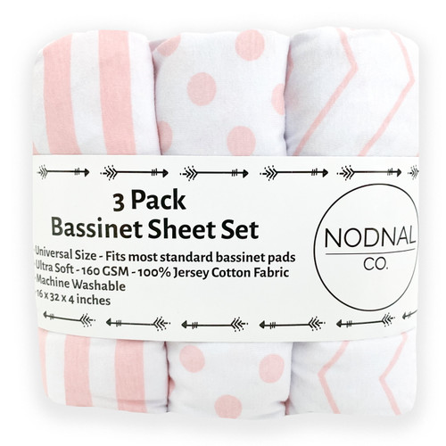 Nodnal Co. Pink And White Cotton Bassinet Fitted Sheet Set, 3 Pieces, For Newborn Baby Girl Nursery Bedding
