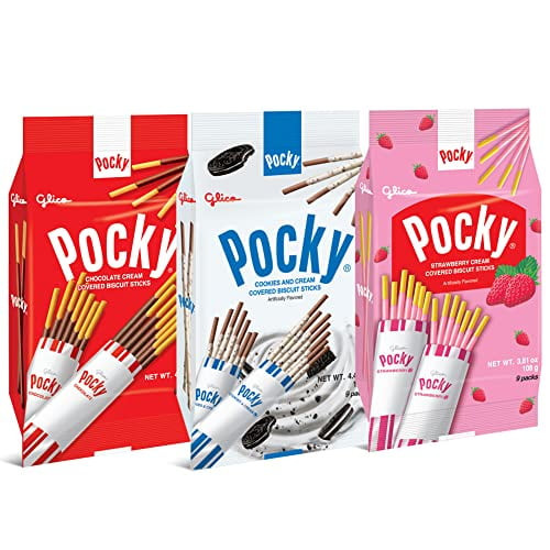 Pocky Sticks Japanese Snacks Pocky Variety Pack Of 3 Asian Snacks - Poky Stix Strawberry, Chocolate, Cookies, And Cream Asian Candy By Grateful Grocer