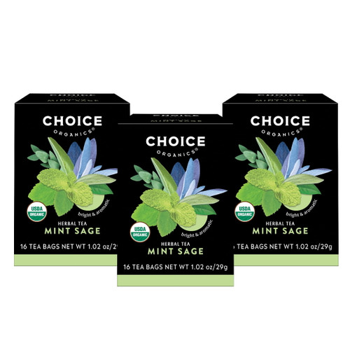 Choice Organics Mint Sage Tea, Caffeine Free, Herbal Tea Bags, 3 Boxes Of 16