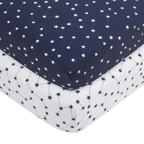 Modrn Celestial Stars 2-piece Fitted Crib Sheet Set, Navy And White