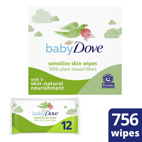 Baby Dove 100% Plant-based Fibers Wipes, Unscented, 12 Resealable Packs (756 Total Wipes)