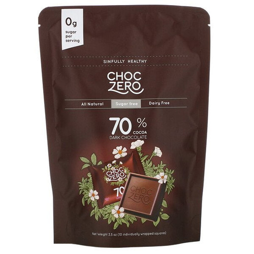 Choczero, 70% Cocoa Dark Chocolate Squares, Sugar Free, 10 Pieces, 3.5 Oz Pack Of 4