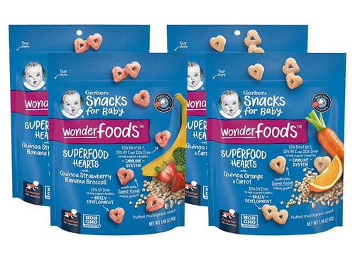 Gerber Snacks For Baby Wonder Foods Superfood Hearts Variety Pack, 2 Quinoa Strawberry Banana Broccoli & 2 Quinoa Orange Carrot, 1 Ct