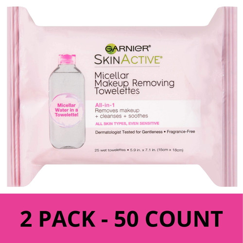 Makeup Remover Micellar Cleansing Wipes, Gentle For All Skin Types By Garnier Skinactive, 25 Count, 2 Pack