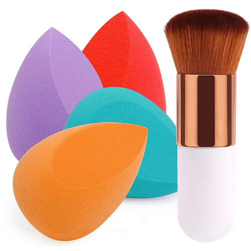Beakey 4+1pcs Makeup Sponges For Blending With Powder Brush, Beauty Sponge For Makeup Blending & Foundation Application