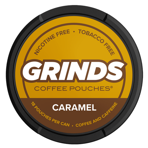 Grinds Coffee Pouches | 6 Cans Of Caramel | Tobacco Free, Nicotine Free Healthy Alternative | 18 Pouches Per Can | 1 Pouch Eq. 1/4 Cup Of Coffee