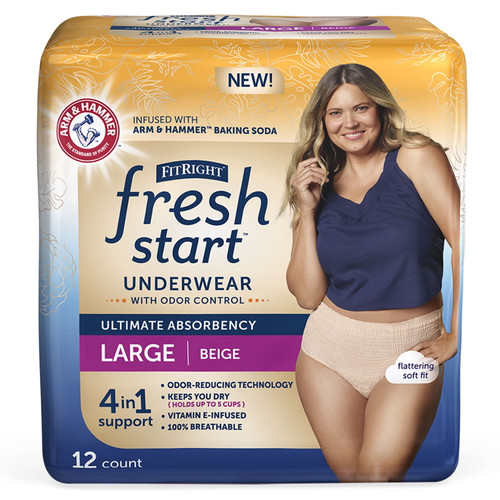 Fitright Fresh Start Urinary And Postpartum Incontinence Underwear For Women Maximum Absorbency, With The Odor-control Power Of Arm & Hammer Baking Soda, Large, Beige, 12 Count (pack Of 4)