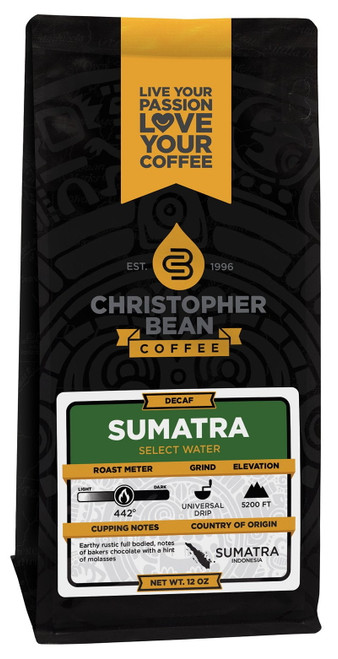 Sumatra Non-flavored Decaf Whole Bean Christopher Bean Coffee, 100% Arabica, No Sugar, No Fats, 12 Oz Bag Of Coffee