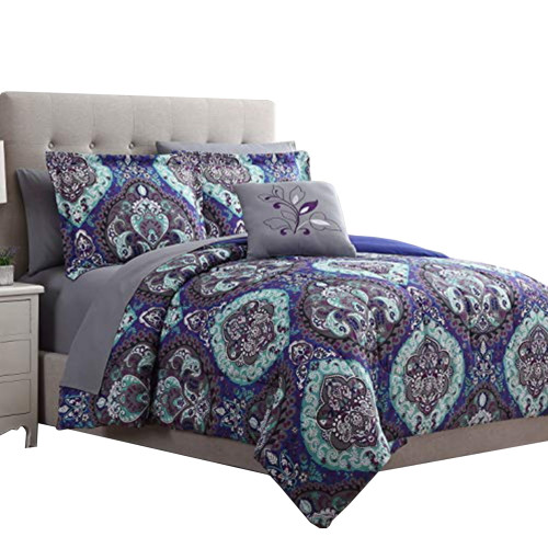 Split 6 Piece Reversible Printed Twin Size Complete Bed Set The Urban Port, Blue