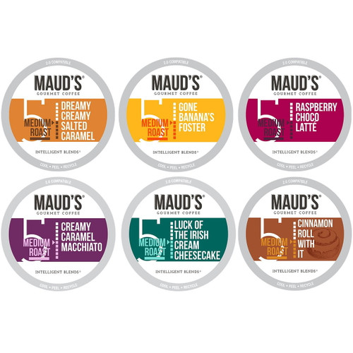 Maud's Flavored Coffee Sampler Variety Pack (6 Flavors), 24ct. Solar Energy Produced Recyclable Single Serve Flavored Sample Pack Coffee Pods - 100% Arabica Coffee California Roasted, Kcup Compatible