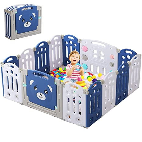 Baby Playpen 14 Panels, Foldable Baby Playpen Fence With Crawling Mat, Safety Play Yard With Gate For Toddlers & Infants, Foldable Kids Safety Play Yard (blue, 14 Panels )