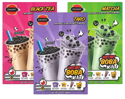 J-basket Boba Kit, Bubble Pearl Milk Tea With Authentic Tapioca Boba, Straws Included, 10oz, Variety (matcha, Black Tea, Taro) - Pack Of 3