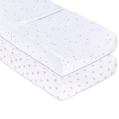 Changing Pad Cover Set | Cradle Sheet Set 100% Cotton Jersey Knit 2 Pack For Baby Girl Dusty Rose And Mauve Pink Stars