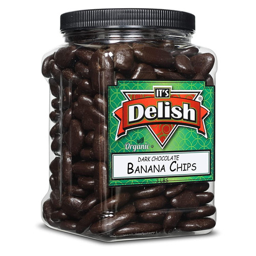 Organic Dark Chocolate Covered Banana Chips By Its Delish, 3 Lbs Reusable Jumbo Container  Gourmet Organic Dark Chocolate Banana Chips, Healthy Snacks Chocolate Fruit, Usa Made, Vegan, Kosher