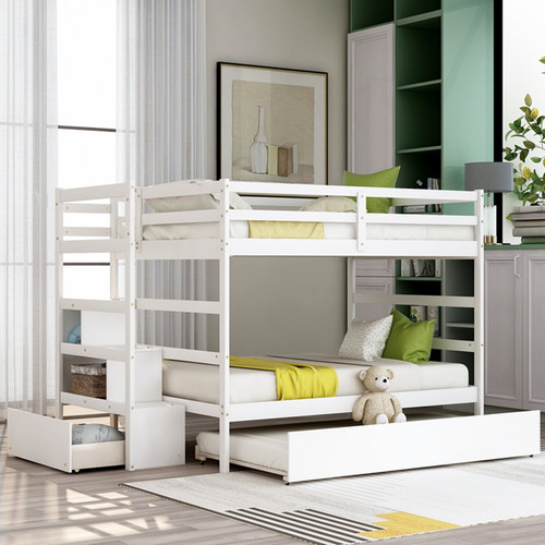 Full Over Full Bunk Bed With Twin Size Trundle, Solid Wood Bunk Bed Frame With 2 Compartments And 1 Drawer, 3 Beds With Safety Guard Rail And Ladder For Adult Boys Girls, No Box Spring Needed, White