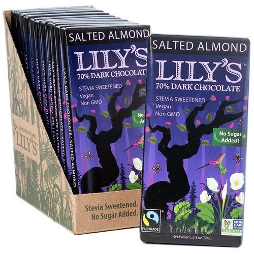 Salted Almond Dark Chocolate Bar By Lily's Sweets | Pack Of 12 Bars | Stevia Sweetened, No Added Sugar, Low-carb, Keto Friendly | 70% Cacao | Fair Trade, Gluten-free & Non-gmo
