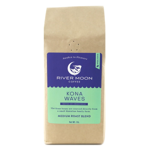 River Moon Coffee, Kona Waves Whole Bean Medium Roast Coffee, 16 Oz., Kona Hawaiian Coffee Blend, 1 Pound, 100% Arabica