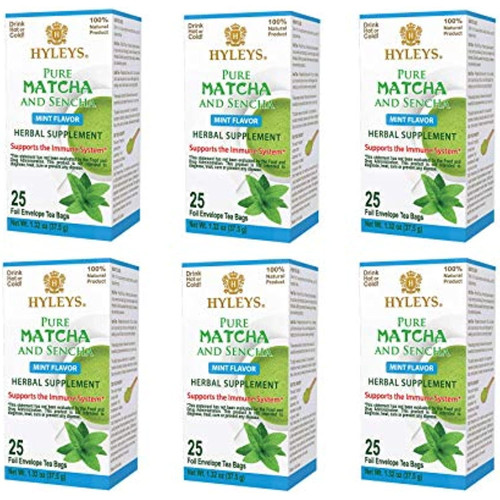 Hyleys Tea Japanese Pure Matcha Ginger Green Tea, Mint - 25 Bags Each, Pack Of 6