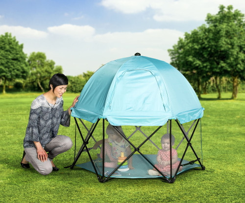 Regalo My Play Deluxe Portable Play Yard Indoor And Outdoor, Full Canopy, Washable, Aqua, 6-panel, Unisex