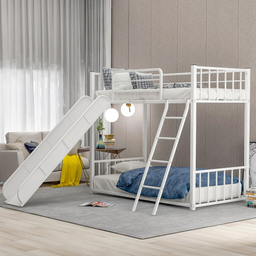 Twin Over Twin Metal Bunk Bed With Ladder And Slide, Heavy Duty Bed Frame With Safety Guard Rails For Kids Teens Adults, Easy To Assemble, No Box Spring Required, White 77.9''lx40.9''wx53.9''h