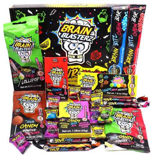 Sour Candy Small Gift Box By Brain Blasterz | Hard Sour Candy, Brain Breakerz, Sour Chew Bar, Lollipop, Brain Bitz, Sour Powder & More Sour Candy | Sour Candy Gift Basket Variety Pack