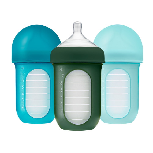 Boon Nursh Reusable Silicone Pouch Baby Bottle, Air-free Feeding, Blue Multi Pack 8 Oz 3 Pk