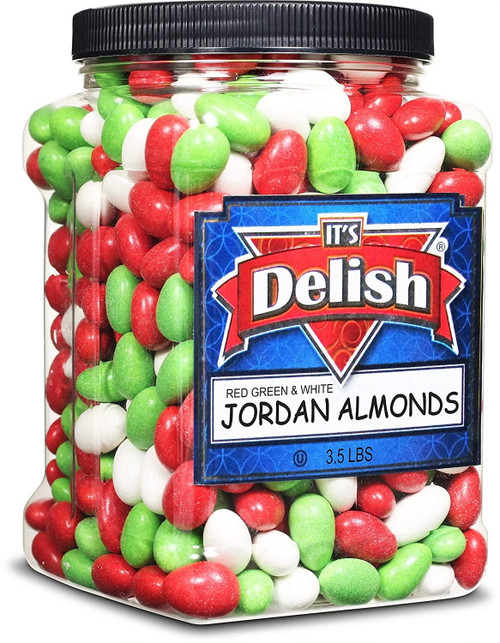 Christmas White, Red & Green Jordan Almonds By Its Delish, 3.5 Lbs. Jumbo Reusable Container  Candied Almonds With Sweet Hard Candy Coating - Perfect For Christmas Themed Parties - Usa Made & Vegan