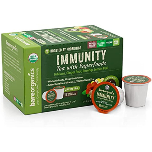 Bareorganics 15401 Immunity Tea With Superfoods, Organic Probiotic Tea, Green Tea, 12 Single Serve Cups