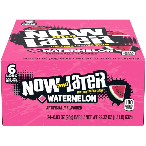 Now And Later Original Watermelon Taffy Chews Candy, 0.93 Oz (24 Count)