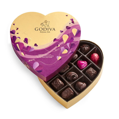 Godiva Chocolatier Valentine’s Heart Assorted Dark Chocolate Gift Box, 14 Count