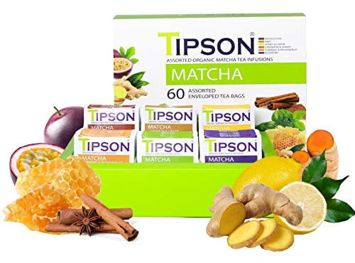 Tipson Organic Matcha Tea - 6 Assorted Flavors - 60 Foil Enveloped Double Chambered Bags - Antioxidant Superfood - Nongmo - Gluten Free