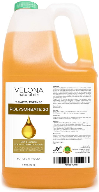 Polysorbate 20 By Velona - 7 Lb | Solubilizer, Food & Cosmetic Grade | All Natural For Cooking, Skin Care And Bath Bombs | Use Today - Enjoy Results