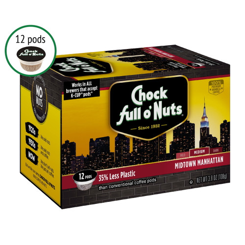 Chock Full O'nuts Midtown Manhattan K-cup Coffee Pods, Medium Roast, 12 Count Box