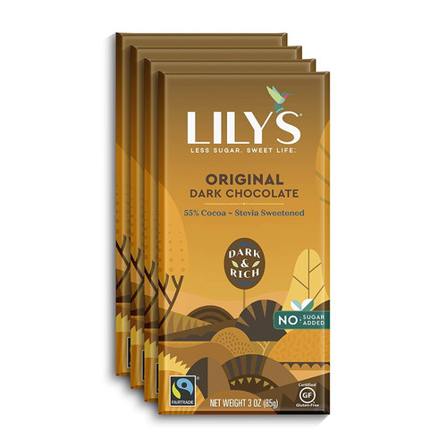 Original Dark Chocolate Bar By Lily's | Stevia Sweetened, No Added Sugar, Low-carb, Keto Friendly | 55% Cocoa | Fair Trade, Gluten-free & Non-gmo | 3 Ounce, 4-pack
