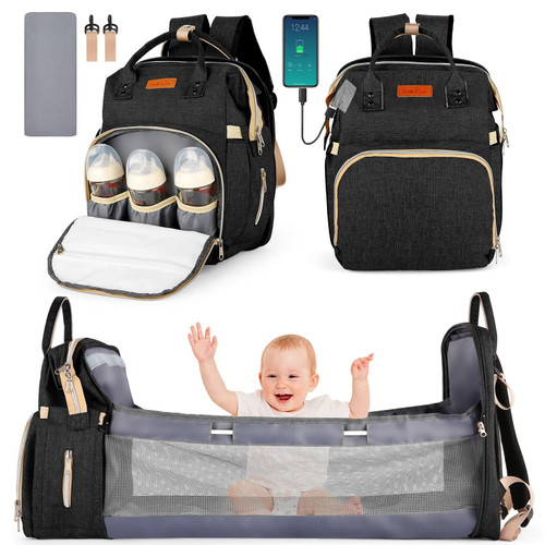 Diaper Bag Backpack,multifunctional Baby Changing Bag With Foldable Crib & Insulated Milk Bottle Pocket,waterproof Large Capacity Travel Backpack With Usb Charging Port & Stroller Strap,black