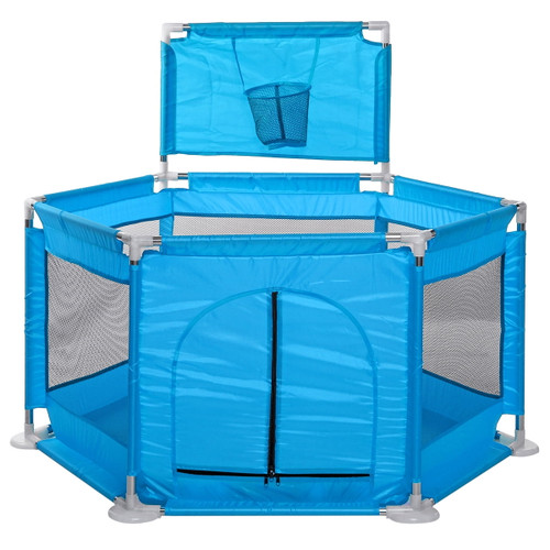 6 Panels Baby Playard With Basketball Hoop, 3 In 1 Multifunction Portable Playpen Breathable Mesh Ball Pit Foldable For Toddler Indoor Outdoor Play Great Gifts