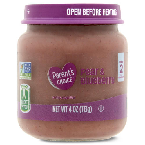 Parent's Choice Baby Food, Pear & Blueberry, 4oz Glass Jar