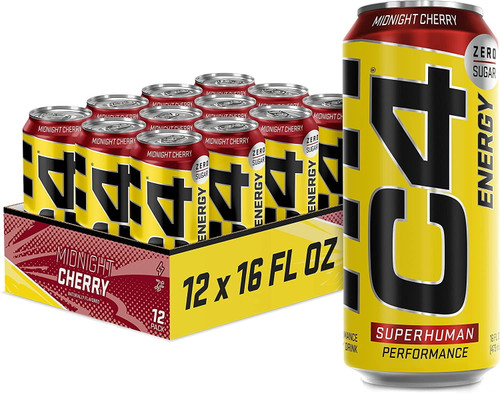 C4 Energy Carbonated Zero Sugar Energy Drink, Pre Workout Drink + Beta Alanine, Midnight Cherry, 16 Fl Oz (pack Of 12)